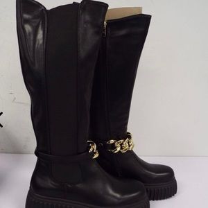 Azalea Wang Barker Leather Link Boots Black/Gold, Women's Sz 11